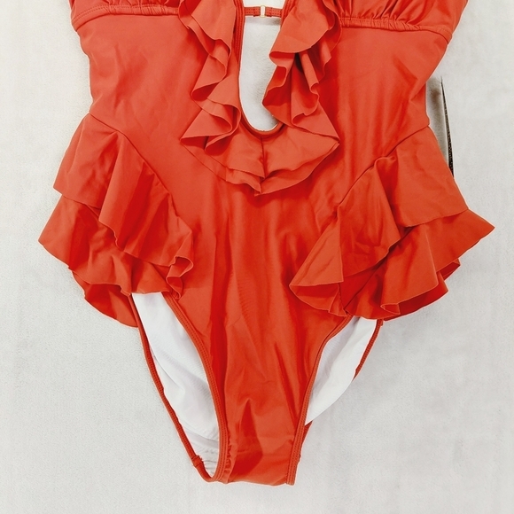 Red Ruffle Side Cut Out One Piece Strappy Swimsuits 792 - Picture 2 of 6